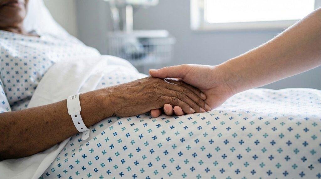 hands, holding hands, hospital, care, support, empathy, patient, medical care, compassion, recovery, bandages, elderly, family, emotional bond, comfort, touch, kindness